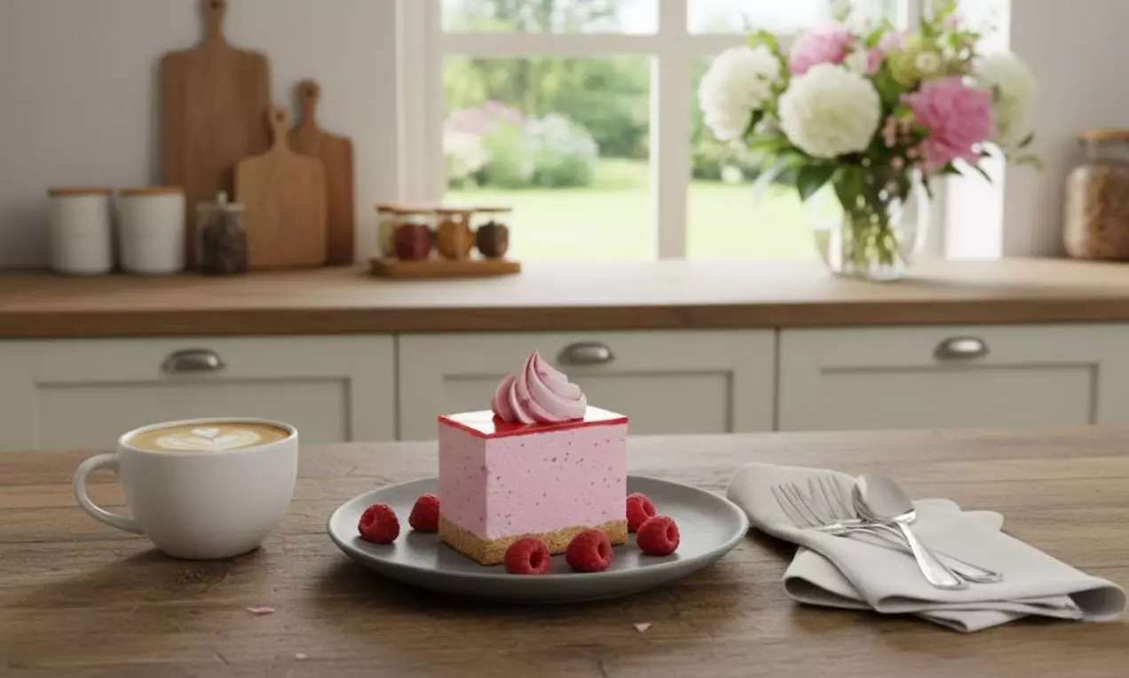 Světle růžový dortík s malinovou polevou a růžovou šlehačkovou spirálou na sušenkovém korpusu vedle čerstvých malin