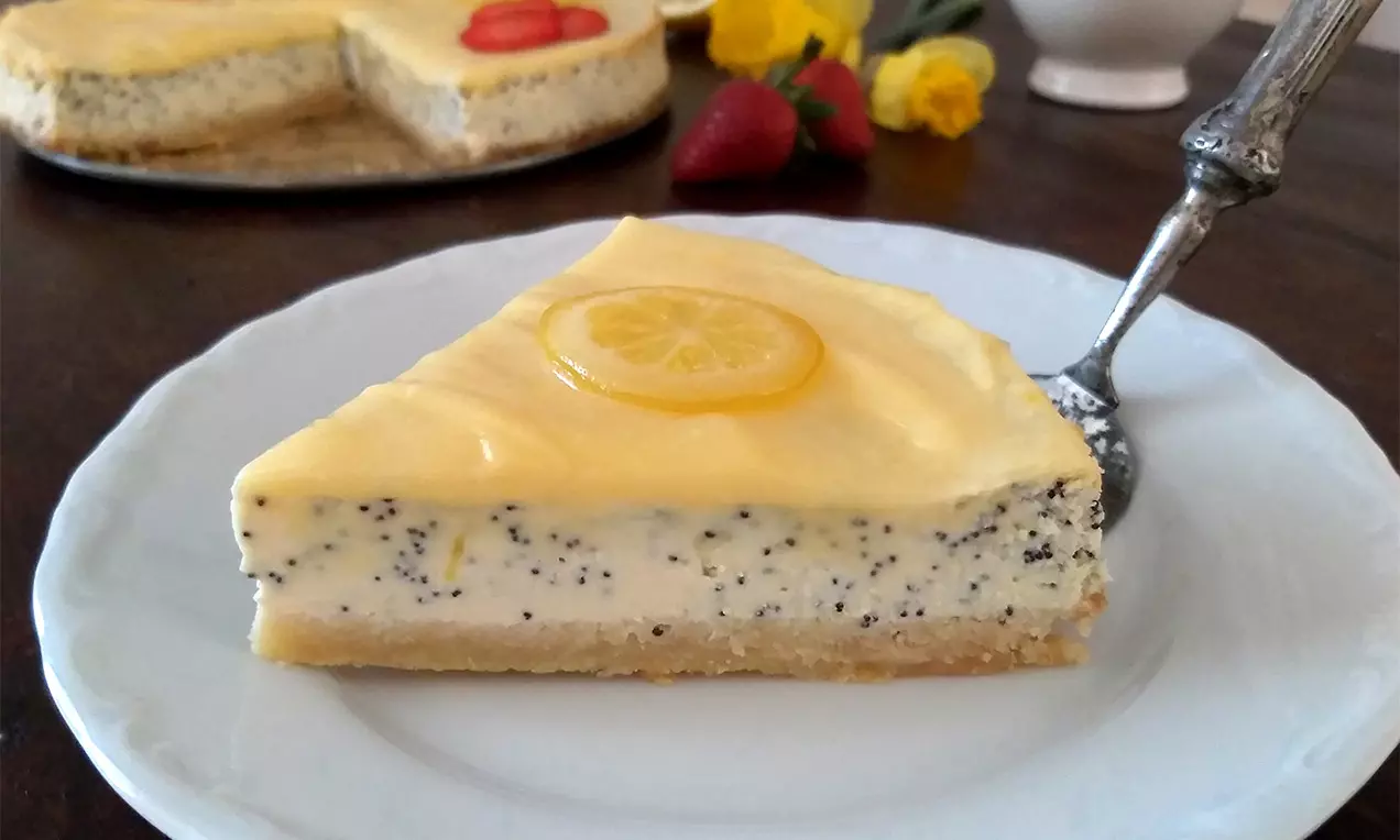 Kousek cheesecake s makovou náplní na světlé sušenkové základně, citronový krém zdobený plátkem citronu na bílém talíři s vidličkou