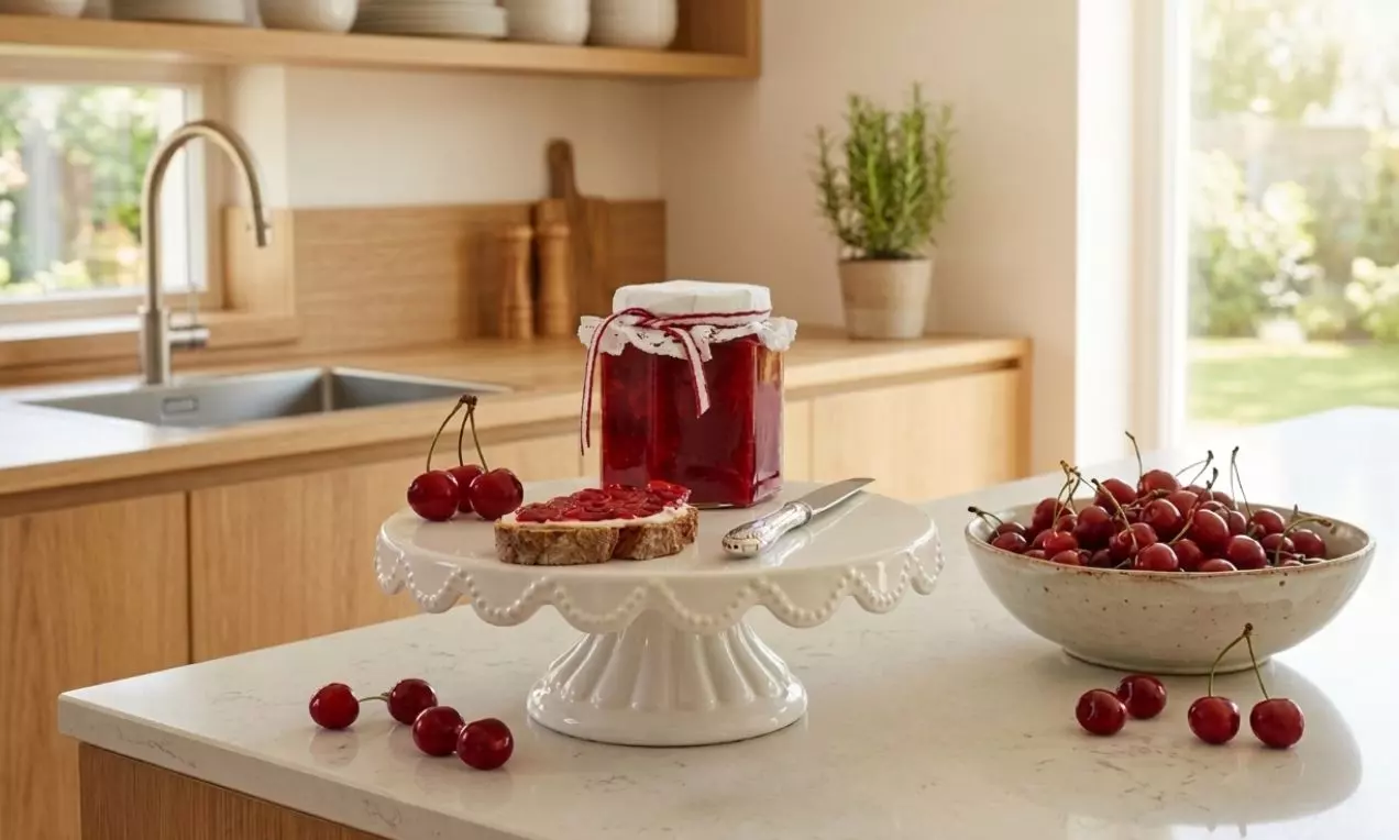 Višňový džem tmavě červené barvy ve sklenici s bílým látkovým víčkem na porcelánovém podstavci, obklopený čerstvými višněmi a pečivem, AI-labeled image