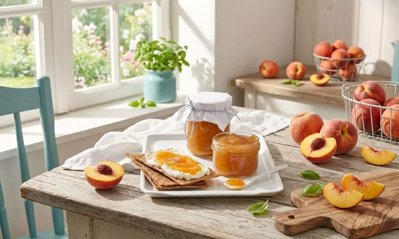 Broskvové pyré zlatavé barvy v průhledných sklenicích na dřevěném stole s krajícem chleba, čerstvými broskvemi a zelenými lístky