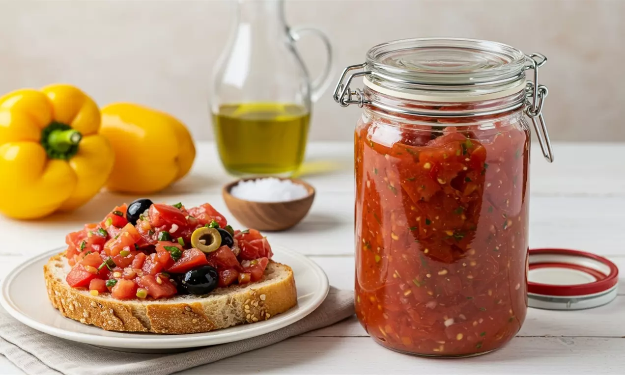 Středomořská salsa s kousky červených rajčat, černých oliv a bylinek na krajíci chleba vedle sklenice salsové směsi, AI-labeled image