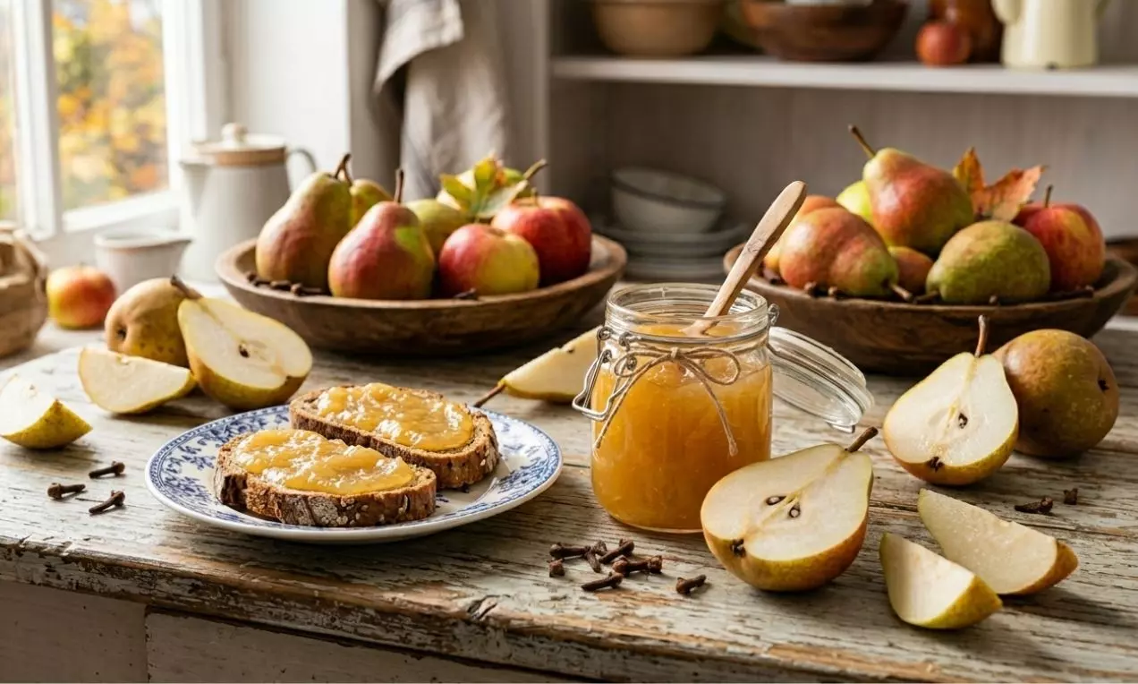 Sklenice zlatavého hruškového želé s dřevěnou lžící, obklopená nakrájenými hruškami na rustikálním stole vedle talíře s toastem