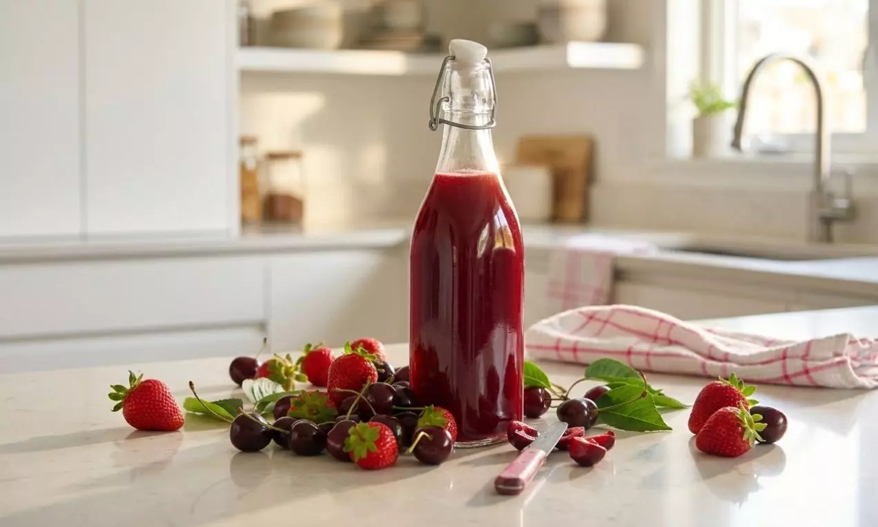 Skleněná láhev s tmavě červeným jahodovo-třešňovým sirupem na světlé kuchyňské desce obklopená čerstvými jahodami, třešněmi a zelenými listy